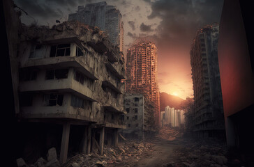 Ruined city, war scene. Generative AI.