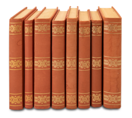 Brown vintage books with golden decorations cut out on transparent