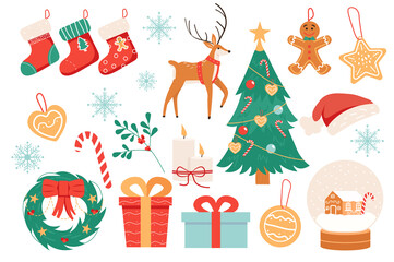 Fototapeta premium Christmas holiday isolated elements set in flat design. Bundle of stocking, snowflakes, reindeer, festive tree, gingerbreads, wreath with bow, gifts, snow globe and other.