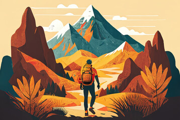 Man with tourist backpack and mountains abstract flat background. Generative AI