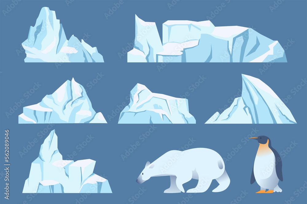 Poster icebergs and animals isolated elements set in flat design. bundle of floating glacier with pick rock