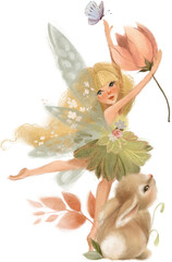 Cute and beautiful hand painted watercolor fairy, mystic and whimsical, enchanted forest creature. Childrens book fairytale, tale illustration, clipart