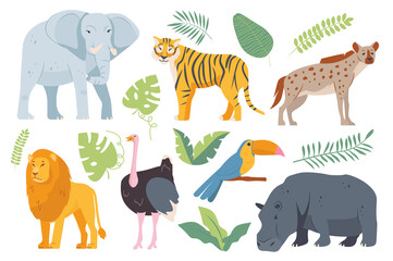 Wild animals isolated elements set in flat design. Bundle of elephant, tiger, hyena, lion, ostrich, tropical parrot, hippopotamus and palm, monstera and banana different leaves.