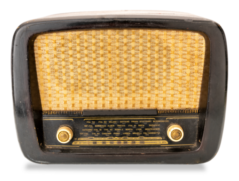 Vintage tube radio, or tuner of the postwar WW2, 1950s 20th century,  cut out on transparent