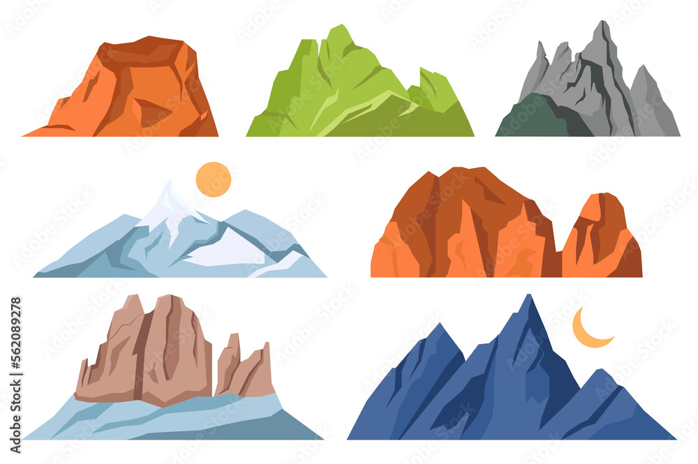 Poster mountains isolated elements set in flat design. bundle of different shapes mountains with peaks, hil