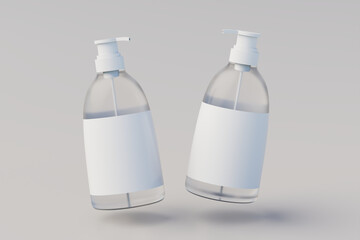 Transparent Plastic Pump Bottle Mock Up, Liquid Soap, Shampoo Dispenser. Two bottles. 3D Rendering