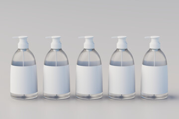 Transparent Plastic Pump Bottle Mock Up, Liquid Soap, Shampoo Dispenser. Multiple bottles. 3D Rendering
