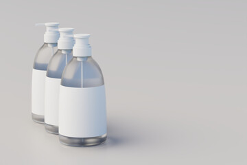 Transparent Plastic Pump Bottle Mock Up, Liquid Soap, Shampoo Dispenser. Multiple bottles. 3D Rendering