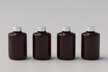 Cold Brew Coffee Amber. Brown Small Glass Bottle Packaging Mockup multiple Bottles. 3D Rendering