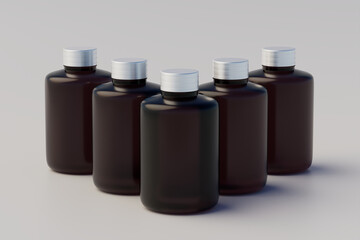 Cold Brew Coffee Amber. Brown Small Glass Bottle Packaging Mockup multiple Bottles. 3D Rendering