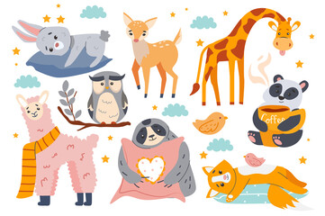 Cute animals isolated elements set in flat design. Bundle of rabbit and fox lying on pillow, lovely fawn, giraffe, owl, panda drinks coffee, sloth holds pillow, llama with scarf.