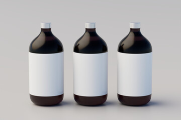 Minimalistic concept. Cold Brew Coffee Amber. Brown Large Glass Bottle Packaging Mockup. Multiple Bottles. Blank Label. 3D Rendering