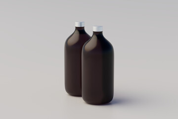 Minimalistic concept. Cold Brew Coffee Amber. Brown Large Glass Bottle Packaging Mockup. Multiple Bottles. Blank Label. 3D Rendering