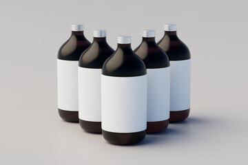 Minimalistic concept. Cold Brew Coffee Amber. Brown Large Glass Bottle Packaging Mockup. Multiple Bottles. Blank Label. 3D Rendering