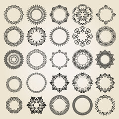 Vintage set of vector round elements. Different elements for design frames, cards, menus, backgrounds and monograms. Classic black and beige patterns. Set of vintage patterns