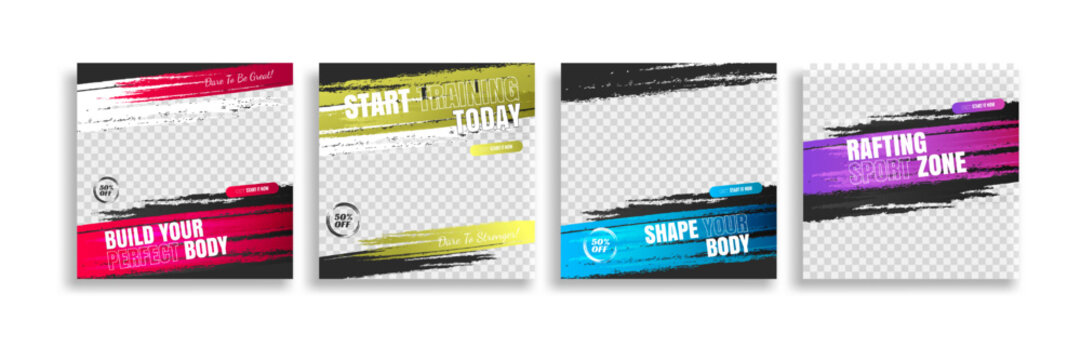 post on set fitness training social media template. social banner for promotion your product