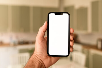 Man holding mobile phone with blank white mockup touch screen in kitchen, pov image