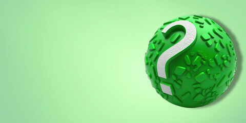 White question mark sign on green background, green ball and copy space for text
