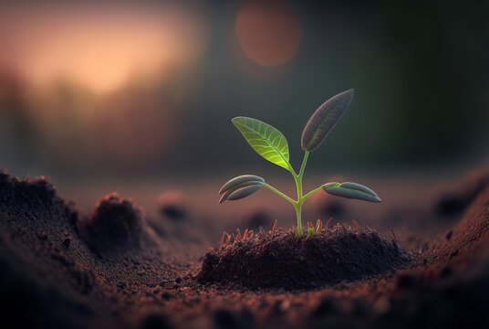 illustration of seedlings being grown in rich soil in the morning light. Concept of ecology and ecological balance. generative AI