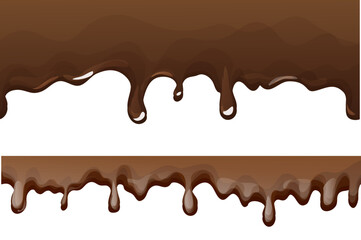 Chocolate splash, creamy brown drip in cartoon style isolated on white background. Smooth wave of flowing melted chocolate, cocoa or chocolate dessert.