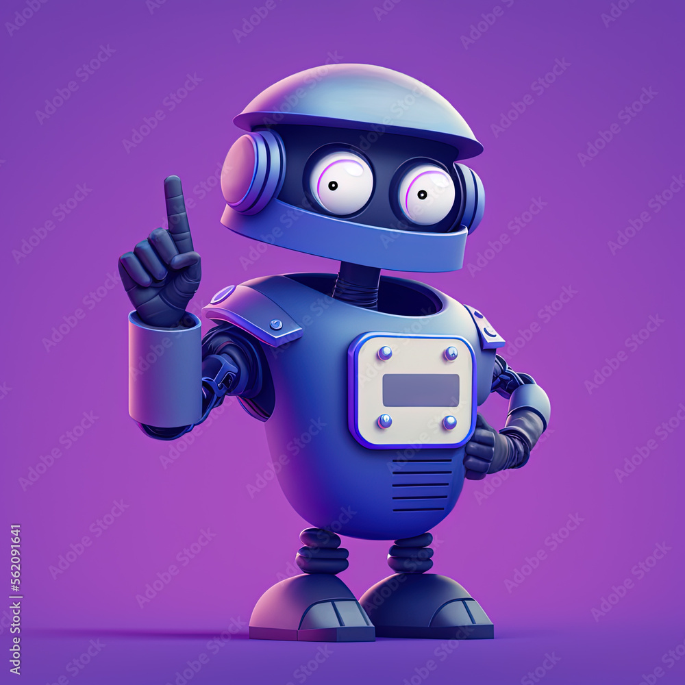 Poster robot traffic policeman standing with finger pointing up over minimal background, generative ai illu