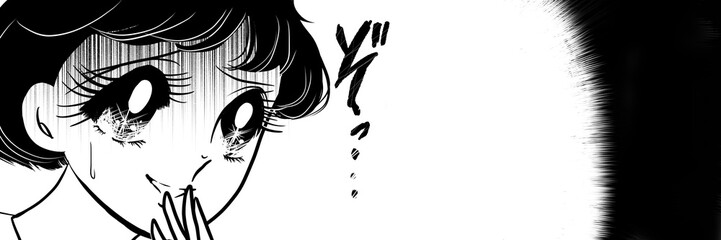 70年代白黒ペン画少女漫画ゾッとして怯える黒髪の女の子のホラーイラスト