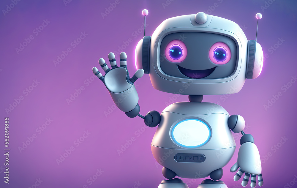 Poster cute robot waving hand with a smile over minimal background with copy space, generative ai illustrat