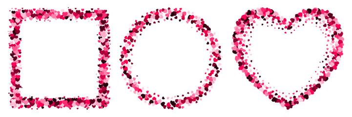 A set of pink heart frames with space for text. Frames of different shapes square, round, heart. Background for Valentine's Day or Weddings and Mother's Day
