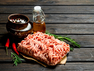 Raw minced meat with spices and herbs .
