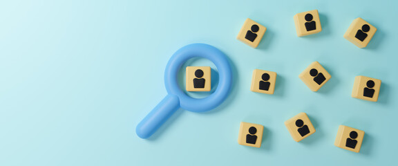 Human resources management and recruitment concept. Magnifying glass is searching for the human icon. Building a strong team, man replacement and management, leadership person, HR concept. 3d render