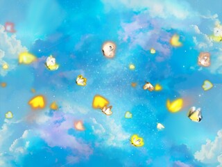 神秘的な宇宙空間をふわふわ舞う黄色い蝶々達の幻想的な背景イラスト