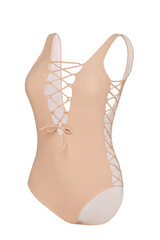 Subject shot of a beige one-piece lace-up swimsuit with shoulder straps. The photo is made on the white background. Side view.