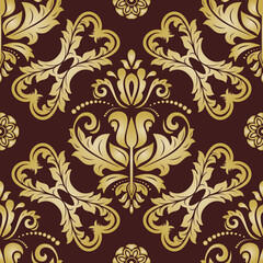 Classic seamless pattern. Damask orient ornament. Classic vintage background. Brown and golden orient ornament for fabric, wallpaper and packaging
