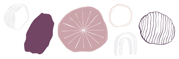 Set of abstract design elements in pink, purple and silver. Irregular shapes, crooked shapes, texture brushes, spots, rainbows, circles. For postcards, covers, wall art. Hand drawn. Isolated on white 