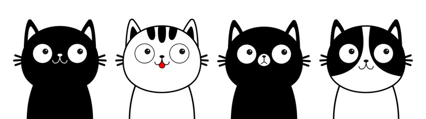 Black white cat head face line contour silhouette icon set. Funny kawaii smiling sad doodle animal. Cute cartoon funny character. Pet collection. Different emotions. Flat design Baby background
