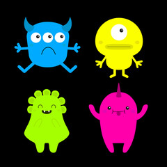 Happy Halloween. Monster set. Cute Funny Kawaii cartoon baby character. Colorful animal. Eyes, horns, fangs, hands. Sad smiling face. Boo. Sticker print. Flat design. Black background.