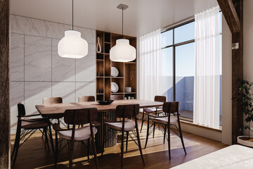 House with a wooden table and modern furniture 3d render