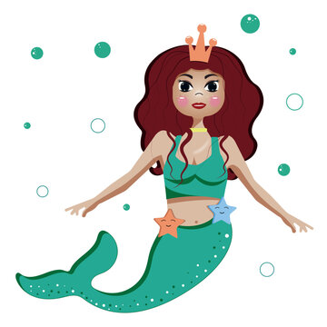 Beautiful mermaid isolated on white background, vector illustration, children's drawings, wallpapers, posters, greeting card prints.