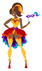 Mardi Gras Carnival girl in red and purple dress costume  holding a venetian mask. Masquerade cosplay New Orleans woman