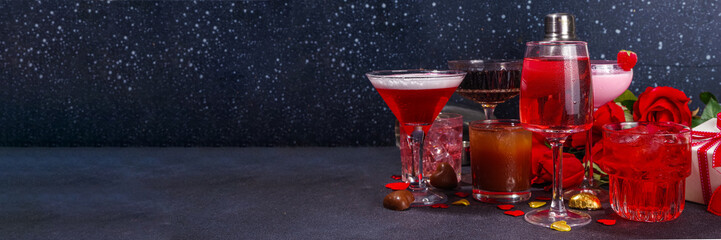 Valentine day romantic bar background. Set various red, pink, chocolate alcohol drinks for...