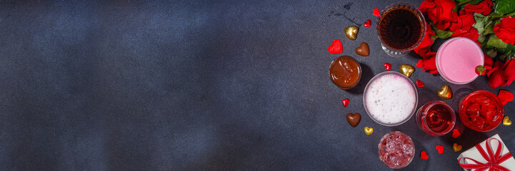 Valentine day romantic bar background. Set various red, pink, chocolate alcohol drinks for Valentine day party or dating, in different cocktail glasses with rose flower bouquet, heart decor, gift box