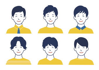 にっこり笑顔の男性アイコンセット ヘアスタイル色々バリエーション 黄色
