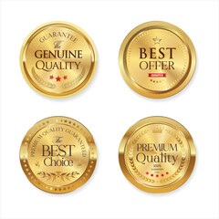 Collection of premium quality round polished gold metal badges on white background   - 562096249