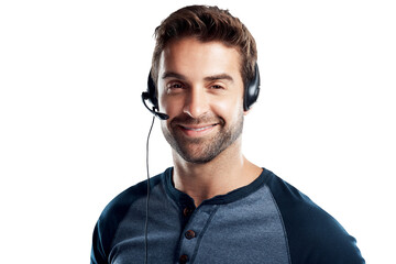 A handsome young man using a headset isolated on a PNG background.