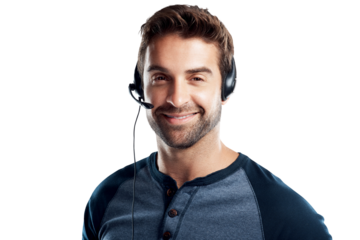 A handsome young man using a headset isolated on a PNG background.