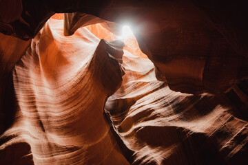 Glowing colors of Upper Antelope Canyon, the famous slot canyon in Navajo reservation near Page, Arizona, USA - obrazy, fototapety, plakaty