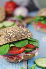 Homemade sandwiches with ham and vegetables