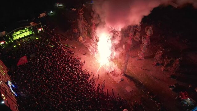 Aerial circle: amazing fireworks over metal structure in Almoloya Mexico
