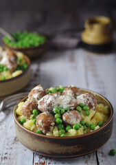 Swedish meatballs with mashed potato side dish - typical dish of Swedish cuisine