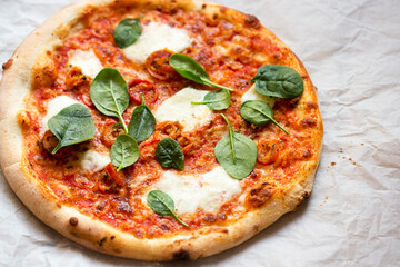 Pizza with tomato sauce and mozzarella and young spinach 